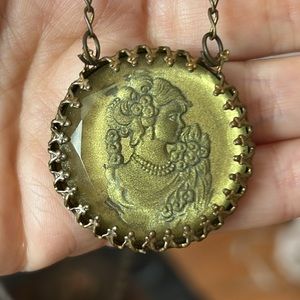 Vintage Brass Carved Cameo Glass Pendant Necklace
